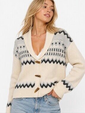 Frye ($140) Fair Isle Toggle Cardigan Cream Wool Blend Shawl Collar Sweater NWT